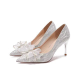 French High-Heeled Women 2025 Spring And Autumn New Water Drill Bow Crystal Wedding Shoes Temperament Fine Heel Single Shoes Women HZ0115
