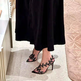 Black Water Drill Leaves Sandals New Spring And Autumn Sharp Leather Temperament With A Beautiful And Thin Word With Famous High Heels HZ0115