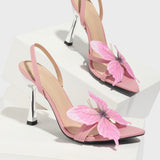 Women's Pointed Three-Dimensional Butterfly Decorative Plating Heel Slender Sandals Women's Shoes Pink High Heels HZ0115