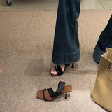 Vintage Hottie Style ~ French Head High Heel Slippers Women Summer Wearing Korean Version Of The Striped Thin Heel Sandals HZ0115