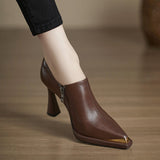 Vintage Metal Tip Fine Heel Single Shoes Small Luxury Fashion Elegant Side Zipper Deep Heels HZ0115