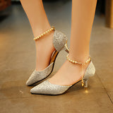 Baotou Sandals Women's Spring 2025 New Korean Version One-×Ö Buttoned Pearl Tip Fine And Frosted High Heel Single Shoes HZ0115