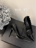 2025 Spring And Summer New Rivet Tip High Heel Female Fine Leather Black Patent Leather OL Nightclub Ultra-High Heel Single Shoes HZ0115
