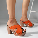 Large-Size High-Heeled Slippers Women's 2025 Summer New Fish Mouth Cross Rivet Coarse And Cold Slippers HZ0115