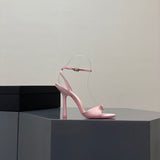 2025 New Summer Bow Silk Satin High Heels Women Feel Water Drill Letters Fine And Exposed Cool Slippers Pink HZ0115