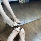 Spring And Summer 2025 New Naked Color Bows Fine Heels Women's Silk Satin Sharp Sandals French Temperament Single Shoes HZ0115