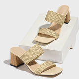 Women's Square Head Weaving Word With Thick Heel Sandals Women's Shoes Pure Color Simple Party Apricot High Heels HZ0115