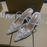 ZAJ2025 Spring New Pointed Thin-Heeled Mesh Buns High Heels Women's Lace Fragrant Wind Wear HZ0115