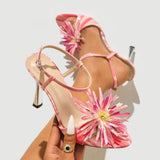 Women's Round Head Three-Dimensional Flower Paint And Fine High-Heeled Sandals Women's Shoes Elegant Pink High-Heeled Shoes HZ0115