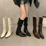 Mi-White Coarse Heel Tip-Tap Pile Boots Long Boots Women's Shoes 2025 New Spring And Autumn Winter Mid-Skinny Knight Boots HZ0115