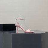 2025 New Summer Bow Silk Satin High Heels Women Feel Water Drill Letters Fine And Exposed Cool Slippers Pink HZ0115