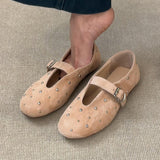 Sanding Skin Shallow Mouth Small Single Shoes Women Retro Rivet Round Head Mary Jane Shoes Flats Comfortable Grandmother Shoes HZ0115