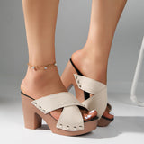 Large-Size High-Heeled Slippers Women's 2025 Summer New Fish Mouth Cross Rivet Coarse And Cold Slippers HZ0115