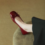 2025 Vintage Bow Patent Leather Bean Shoes Women Flat Summer Autumn Single Shoes Coarse Heel Wine Red HZ0115