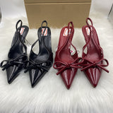ZAJ2025 Bow Head Sandals New French Light-Tip Wine Red Patent Leather Fine Heel High Heels HZ0115