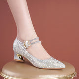 Mother Singles Women Fashion 2025 Spring And Autumn New Thick Heel High Heel High-Heeled Shoes Magic Buckle Water Drilling Wedding Shoes HZ0115