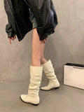 Mi-White Coarse Heel Tip-Tap Pile Boots Long Boots Women's Shoes 2025 New Spring And Autumn Winter Mid-Skinny Knight Boots HZ0115