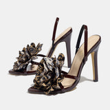Women's Round Head Three-Dimensional Flowers With Fine High Heel Sandals Women's Elegant Coffee-Color High Heels HZ0115