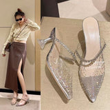 2025 Summer Fashion Outside Wearing A Pointed Water Drill Side Buckle High Heels Fairy Style Transparent Word With Fine Slippers HZ0115