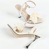 Women's Plating Heel Head Three-Dimensional Flowers Decorated Fine High Heeled Women's Shoes Apricot High Heels HZ0115