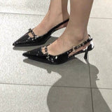 High-Heeled Shoes Design Sense Of Niche Temperament Rivet Patent Leather Kitten With A Word Buckle With Head Sandals HZ0115
