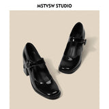 Mary Jane Shoes Retro British Wind Hepburn Black High-Theeled Thick Side-Shoe Single-Shoe Woman HZ0115