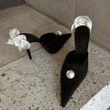 French New Sharp-Headed Silk And Satin Pearl High Heels Female Fine Heel Banquet White Rose Bao Head After The Empty Sandals HZ0115