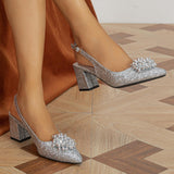 Lady Gleet Pearl Head Sharp Head Coarse Heeled Swel Shoes Silver High Heels HZ0115