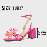 Women's Head Three-Dimensional Flowers Coarse Sandals Women's Shoes Elegant Gorgeous Fashion Rose Red High Heels HZ0115