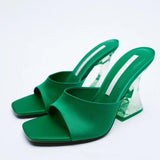 High-Hee Slippers Women's 2025 Summer New Square Head Thick And One-Word Fashion Wearing Large-Size Cold Slippers HZ0115