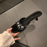 French Head With High Heels Petals Drill Satin Kitten And Cool Slippers Women Wear Outside HZ0115
