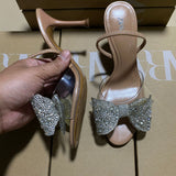 2025 Summer New Women's Shoes Beige Water Drill Bows Fine High Heel Sandals Tip-Out Fashion Sandals HZ0115