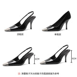Rose Park Coloring British Sexy Patent Leather High Heels Square Metal Head Fine Heel Single Shoes Black Bag Head Sandals Woman HZ0115
