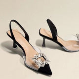 Summer New Fashion Water Drill Side Buckle Transparent Belt Splicing Tip Head Thin Heel Sandals Women's Shoes HZ0115