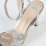 Women's Round Head Three-Dimensional Flowers Paint And Fine High Heel Sandals Women's Shoes Elegant Silver HZ0115
