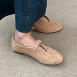Sanding Skin Shallow Mouth Small Single Shoes Women Retro Rivet Round Head Mary Jane Shoes Flats Comfortable Grandmother Shoes HZ0115