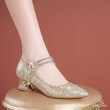 Mother Singles Women Fashion 2025 Spring And Autumn New Thick Heel High Heel High-Heeled Shoes Magic Buckle Water Drilling Wedding Shoes HZ0115