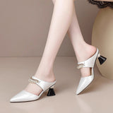 Fashion Women's Shoes 2025 New Fashion Coarse Sandals Pearl Chain Half-Bag Head Slippers High Heels Sandals Dragged White HZ0115