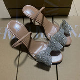 2025 Summer New Women's Shoes Beige Water Drill Bows Fine High Heel Sandals Tip-Out Fashion Sandals HZ0115
