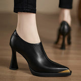 Vintage Metal Tip Fine Heel Single Shoes Small Luxury Fashion Elegant Side Zipper Deep Heels HZ0115