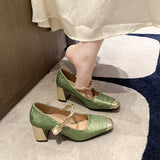 2025 Spring And Summer National Wind Square Design Fashion Shallow Casual Coarse Heel High Fashion Daily Single Shoes Women HZ0115
